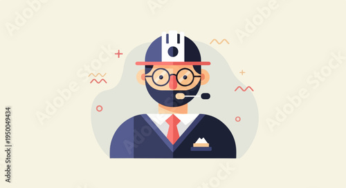 Flat illustration of a professional in a hard hat and headset