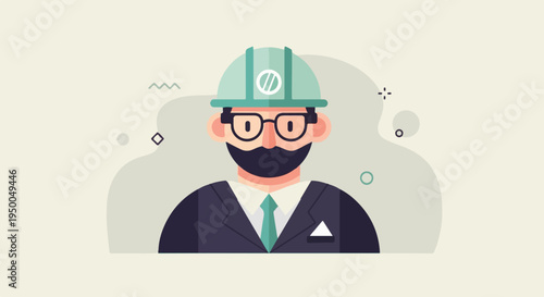 Flat illustration of a professional wearing a hard hat, glasses, and suit