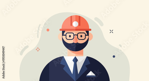 Flat illustration of a professional in a hard hat, glasses, and suit