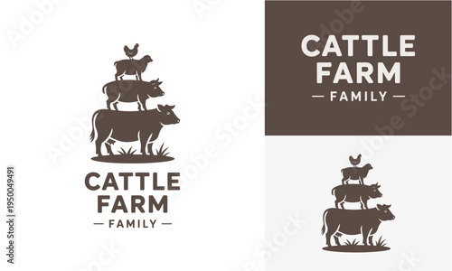 Cattle Farm Family Logo Emblem with Stacked Farm Animals Cow, Sheep, Chicken, and Grass, Representing Agriculture and Livestock