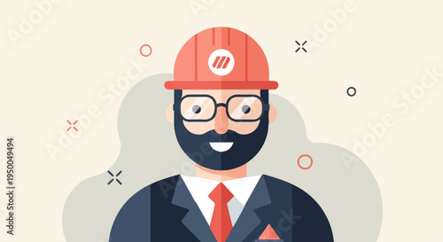 Flat illustration of a smiling bearded man in a hardhat, glasses, and suit