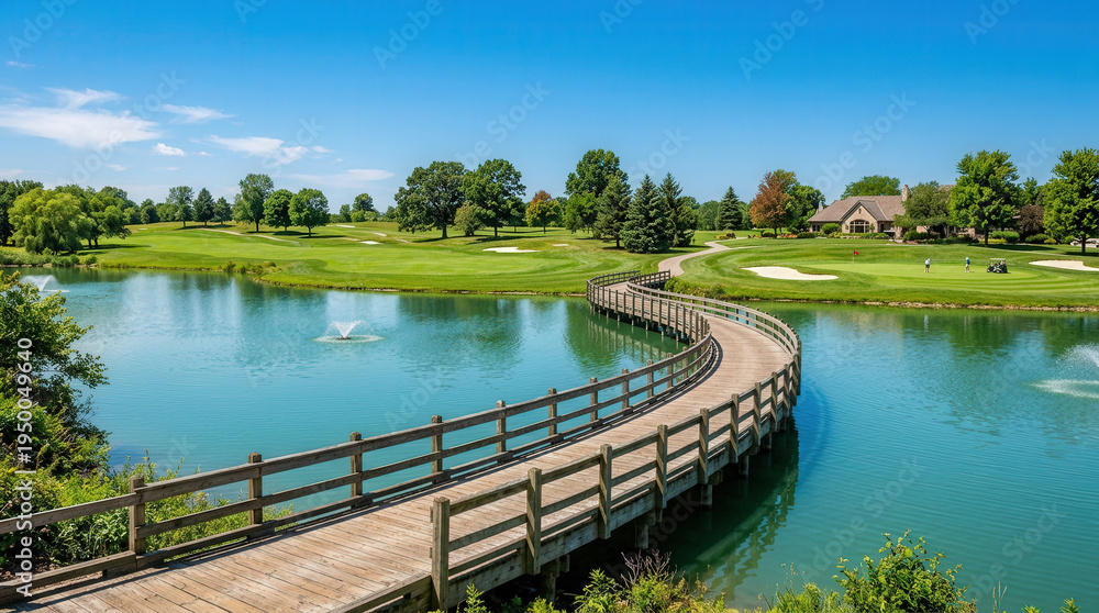 Fototapeta premium Scenic Landscape with Curved Wooden Bridge Over Calm Water and Green Trees