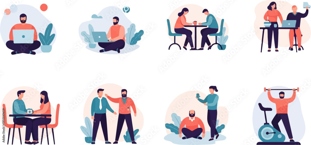 Fototapeta premium Flat illustrations show people working, meeting, exercising, and relaxing
