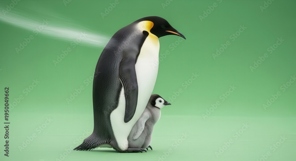 Fototapeta premium Elegant Adult Penguin with a Cute Penguin Chick on a Soft Green Background