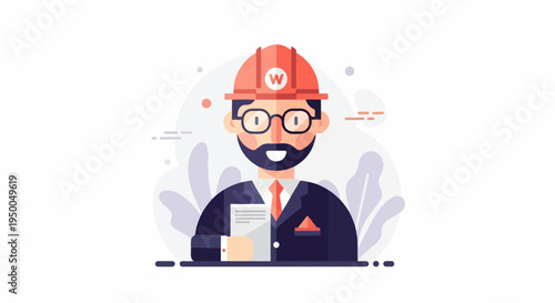 Flat illustration of a smiling man wearing glasses, hard hat, and suit