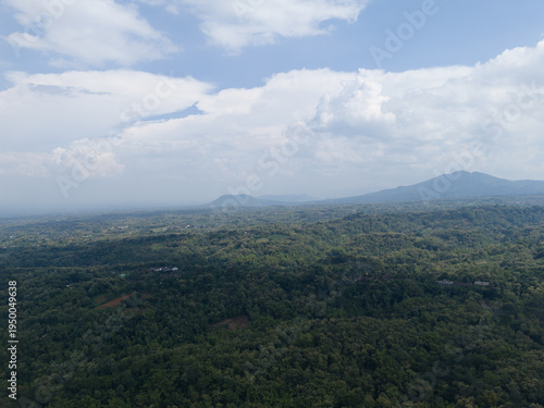 Scenic aerial landscape of traditional terraced paddy fields on the fertile slopes of Mount Lawu.