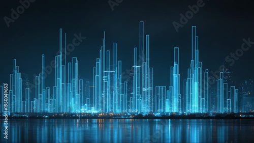 Digital Cityscape: An abstract representation of a modern city at night. Blue lines depict buildings, reflected in the water, under a dark sky.