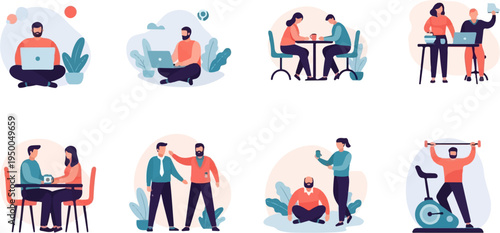 Flat illustrations show people working, meeting, exercising, and relaxing