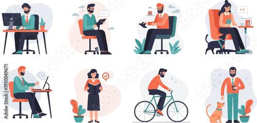 Flat illustrations show people working, commuting, and relaxing with pets