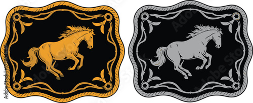 Western style vector illustration of galloping horse belt buckle designs in gold and silver colors with ornate decorative floral frames.