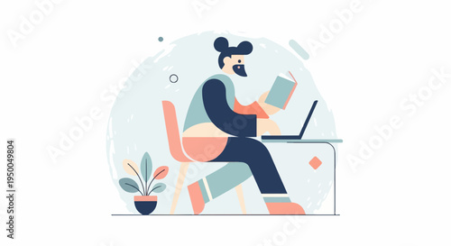Flat illustration of person at desk reading book and using laptop