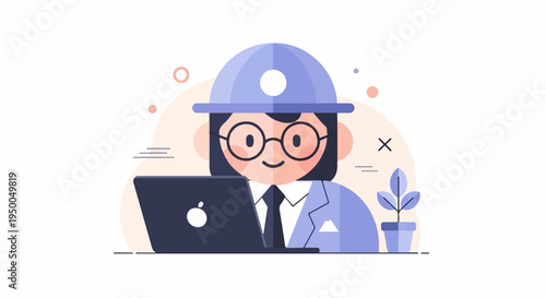Friendly cartoon character in glasses and hat works on laptop