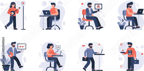 Flat style illustrations of people engaged in various work and leisure activities