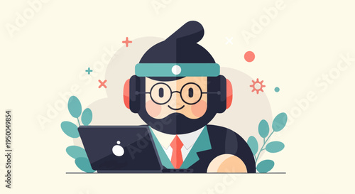 Friendly cartoon character in headphones and glasses works on a laptop