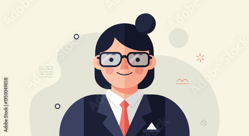 Flat illustration of a smiling woman in a suit and glasses, with abstract elements