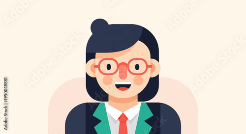 Flat illustration of a smiling woman in a suit and glasses