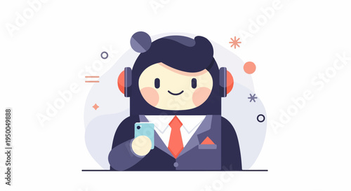 Friendly cartoon character in suit with headphones and phone