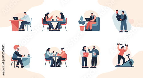 Flat style illustrations of people working, dining, and exercising indoors