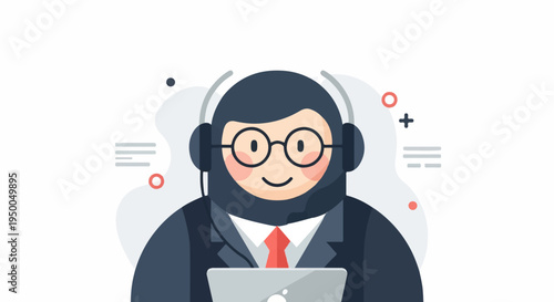 Friendly cartoon character in suit with headset and laptop, abstract background