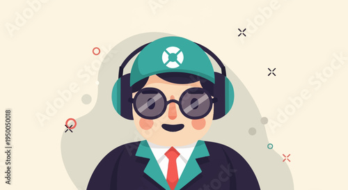 Flat vector illustration of a person wearing headphones, glasses, and a cap
