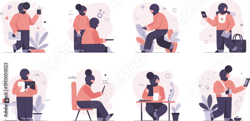 Flat vector illustrations depict people engaged in various activities