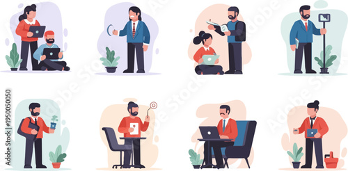 Flat illustration of business people interacting with technology and plants