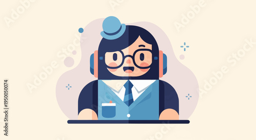 Friendly cartoon character with headphones and hat, wearing suit