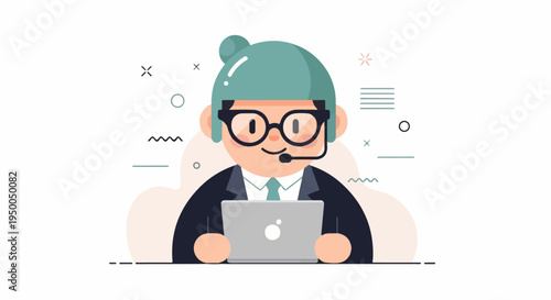 Friendly cartoon character with headset and laptop on abstract background
