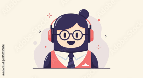 Friendly cartoon character with headphones, glasses, and formal attire