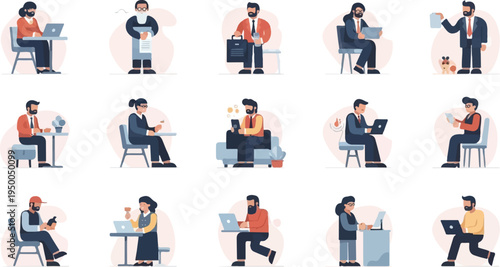 Flat illustration of business people working and interacting in diverse settings