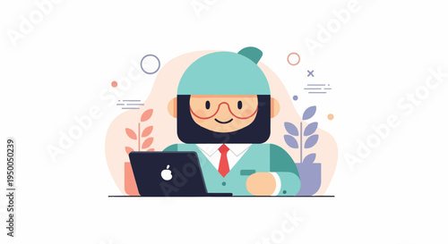 Friendly cartoon man in a hat and glasses works on a laptop