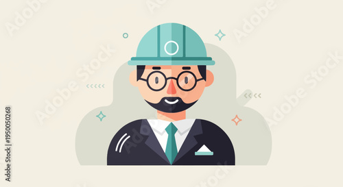 Friendly cartoon man in hard hat, glasses, and suit with tie