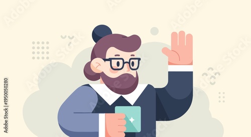 Friendly cartoon man with beard and bun, wearing glasses, waving
