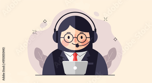 Friendly support agent with headset, glasses, and laptop