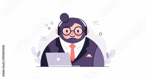 Friendly cartoon person with headphones and laptop at work