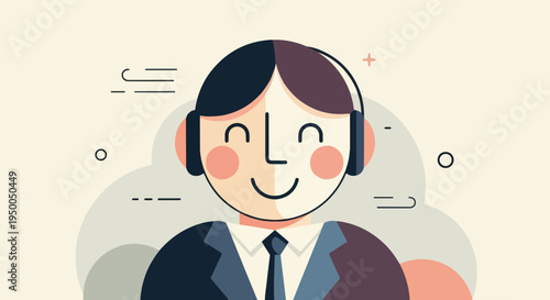 Friendly cartoon person with headphones and suit, abstract background