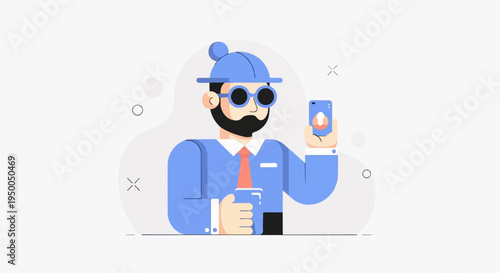 Flat illustration of man in blue suit with phone and cup