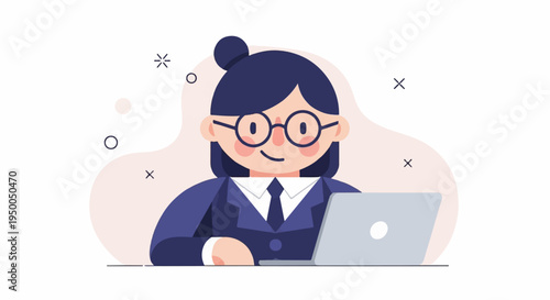 Friendly woman in suit and glasses smiles while working on laptop