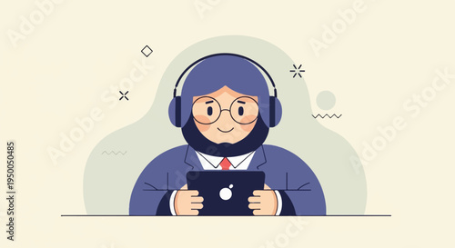 Friendly cartoon person with headphones and tablet, abstract background