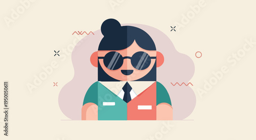Flat illustration of a person with dark hair, sunglasses, and a shirt