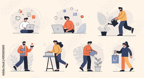 Flat illustration of people engaged in various activities working on laptops, watering plants