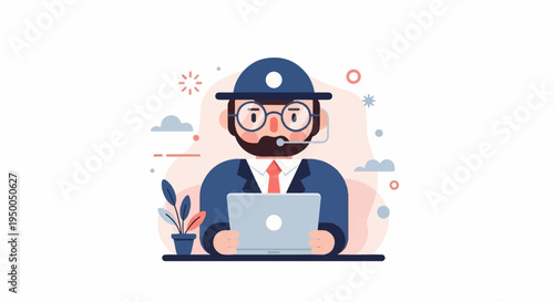 Friendly agent wearing headset & glasses, works on laptop with plant