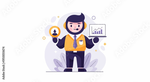 Friendly character in headset holding customer icon and financial chart
