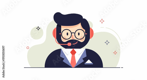 Friendly animated man in suit with headset offers assistance