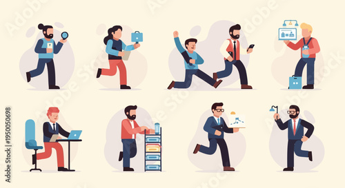 Group of diverse business people in motion, each engaged in office-related activities