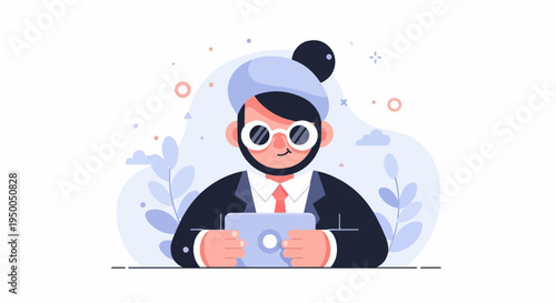 Man in suit and glasses holding a tablet with abstract background