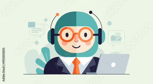 Friendly chatbot wearing headphones and glasses, working on a laptop