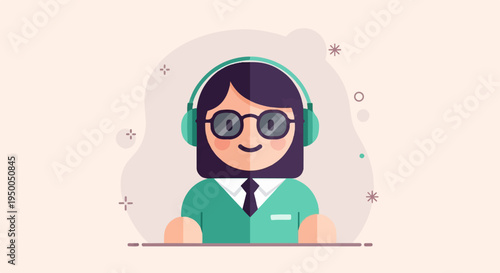 Friendly character with headphones and glasses, personified and happy