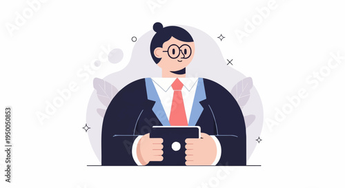 Illustrated businessman in suit holding a tablet with a pink tie and glasses
