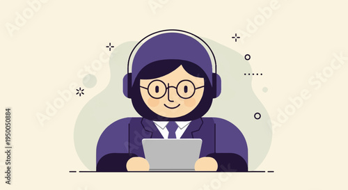 Friendly customer service agent with headset and laptop, simple cartoon style